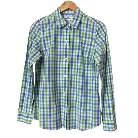 Vineyard vines green blue gingham long sleeve button down top size 6 - Picture 1 of 11